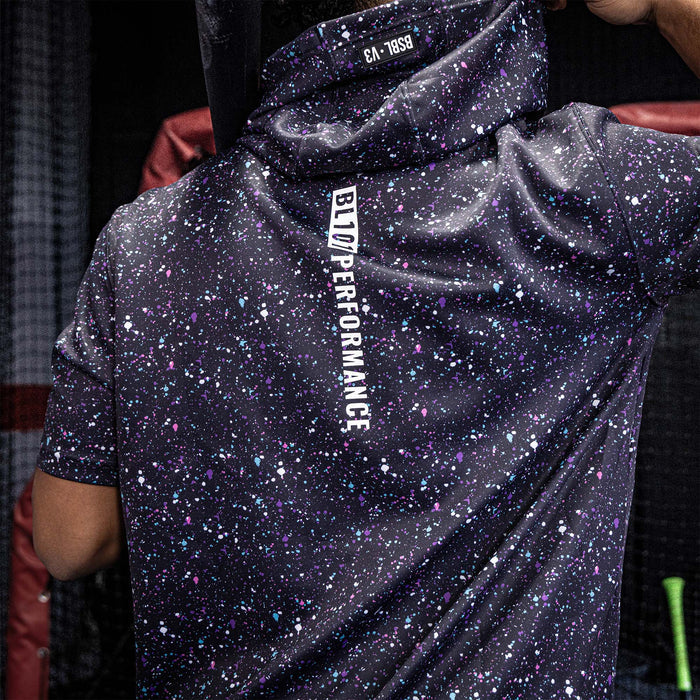 Youth model wearing blue BSBL-SZN Galaxy youth short sleeve hoodie