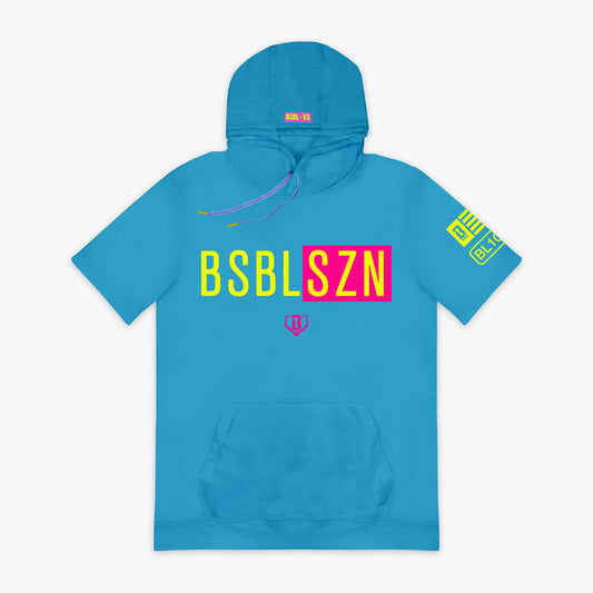 Pink BSBL-SZN Highlighter Blue short sleeve hoodie — front view