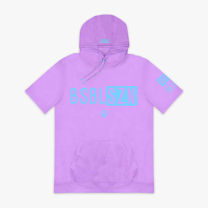 Lavender and light blue BSBL-SZN short sleeve hoodie — front view
