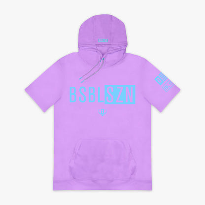 Lavender and light blue BSBL-SZN short sleeve hoodie — front view
