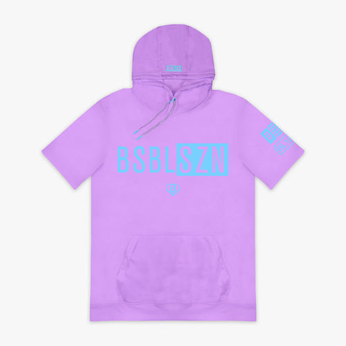 Lavender and light blue BSBL-SZN short sleeve hoodie — front view