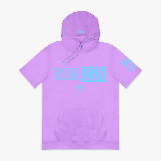 Lavender and light blue BSBL-SZN short sleeve hoodie — front view