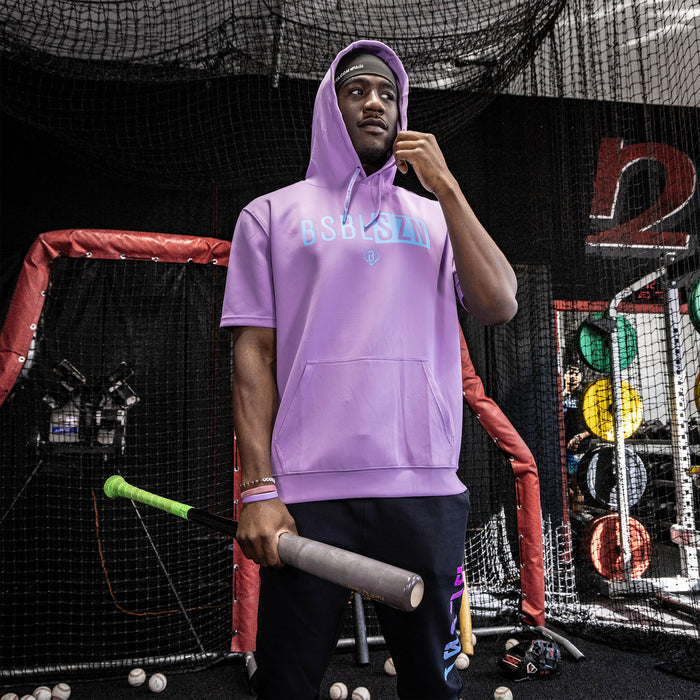 Adult model wearing lavender and light blue BSBL-SZN short sleeve hoodie