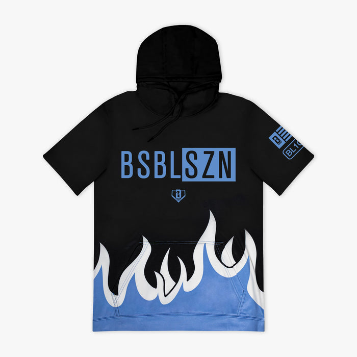 Flat lay front of black short sleeve hoodie with blue BSBLSZN chest graphic, BL101 diamond logo, blue and white flame hem, and blue flag sleeve hit.
