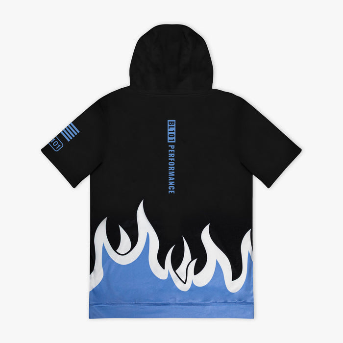 Flat lay back of black short sleeve hoodie with blue and white flame hem graphic and vertical "BL101 Performance" back text, blue flag sleeve hit.