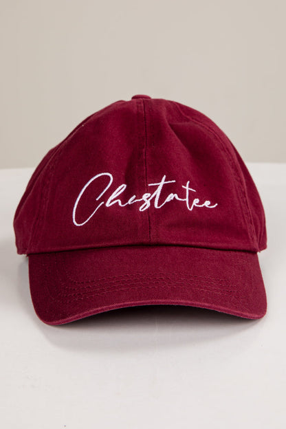 Maroon cap with 'Chestatee' embroidered on a white surface