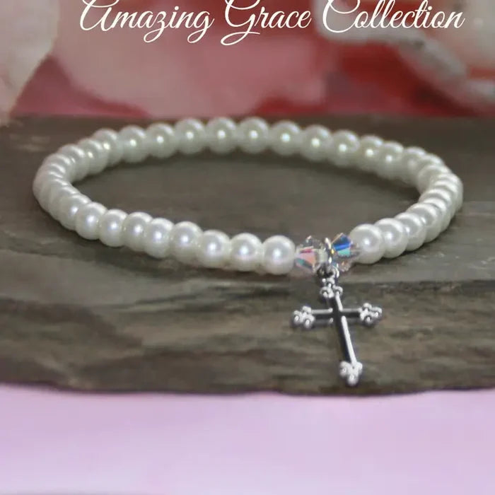 CA Classic Pearl with Rhodium Cross 6.5" Bracelet