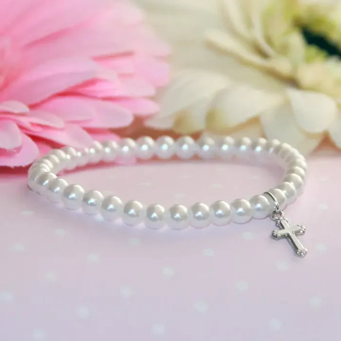 CA Rhodium Cross Pearl Stretchy 5" Bracelet