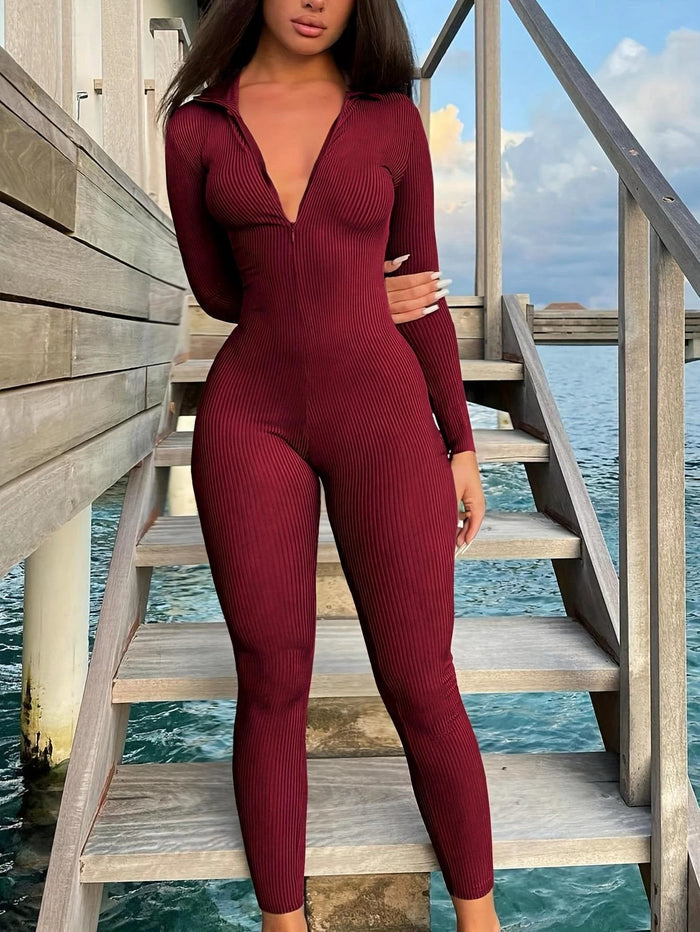 Casual Ribbed Zip-up Jumpsuit