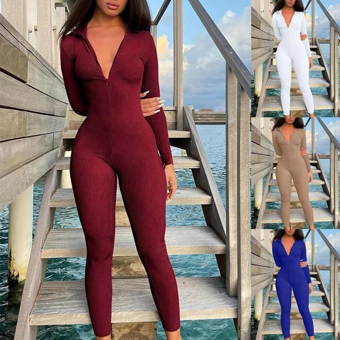 Casual Ribbed Zip-up Jumpsuit