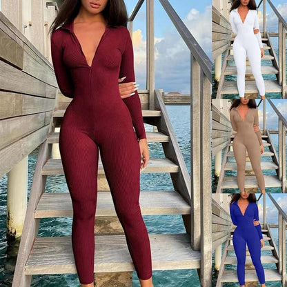 Casual Ribbed Zip-up Jumpsuit