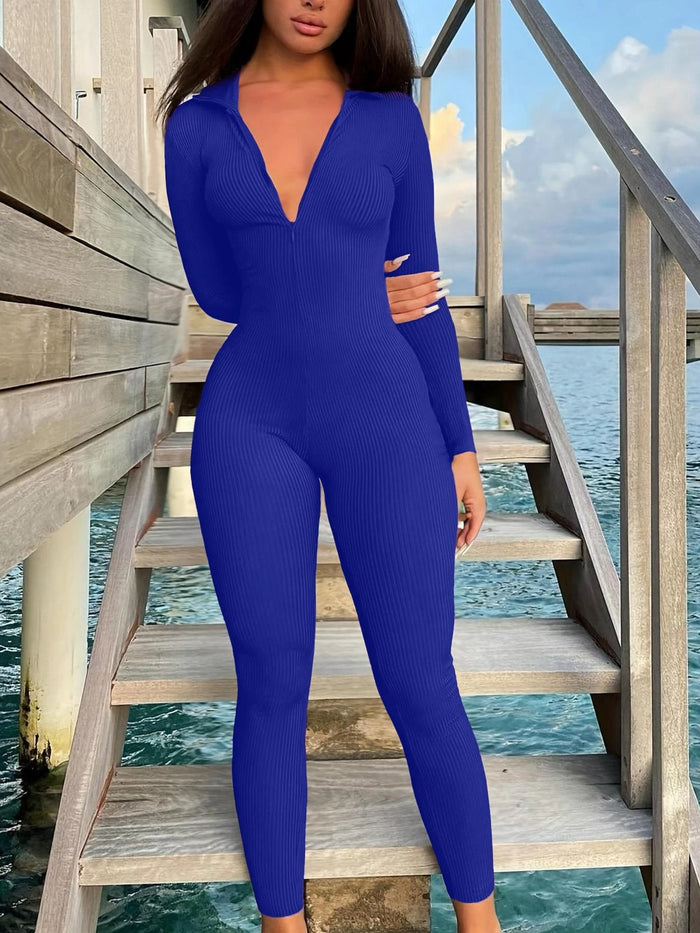 Casual Ribbed Zip-up Jumpsuit