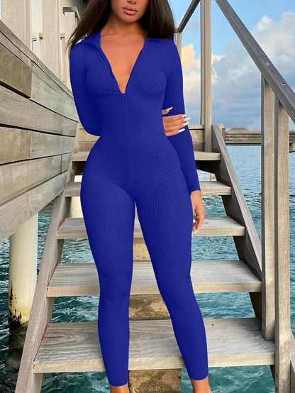 Casual Ribbed Zip-up Jumpsuit