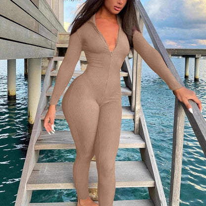 Casual Ribbed Zip-up Jumpsuit