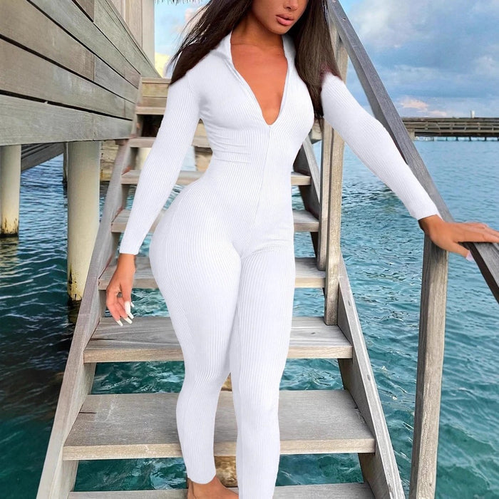 Casual Ribbed Zip-up Jumpsuit