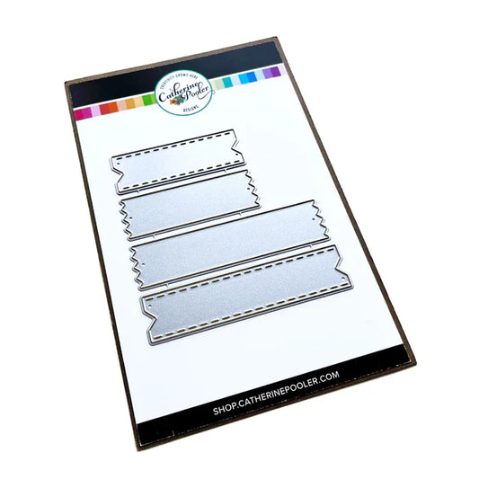 Catherine Pooler - Dies - Tickets & Tape. Tear off a ticket or tape for a fun sentiment layer die. The Ticket & Tape Dies are taller than our classic Sentiment Banner Dies and each style created in two lengths. Available at Embellish Away located in Bowmanville Ontario Canada.