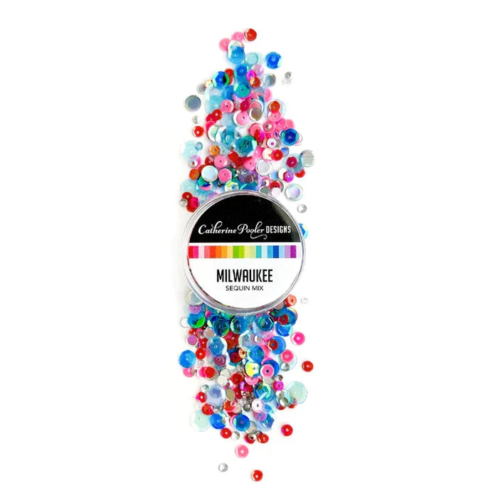 Catherine Pooler - Sequin Mix - Milwaukee. Teal, red and pink with loads of sparkle and mirror pops...the Milwaukee Sequin Mix is ready to make "happy days"! Available at Embellish Away located in Bowmanville Ontario Canada.