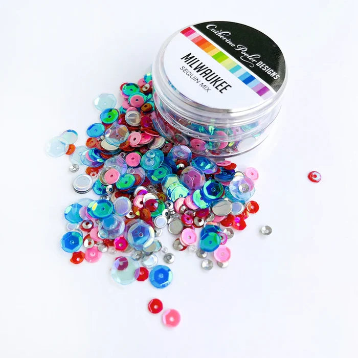 Catherine Pooler - Sequin Mix - Milwaukee. Teal, red and pink with loads of sparkle and mirror pops...the Milwaukee Sequin Mix is ready to make "happy days"! Available at Embellish Away located in Bowmanville Ontario Canada.