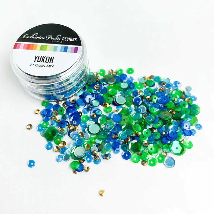 Catherine Pooler - Sequin Mix - Yukon. The wild and mountainous Yukon territory is full of vast stretches of green, and crystal blue glacial waters. That is the inspiration behind this Canadian sequin mix. Available at Embellish Away located in Bowmanville Ontario Canada.