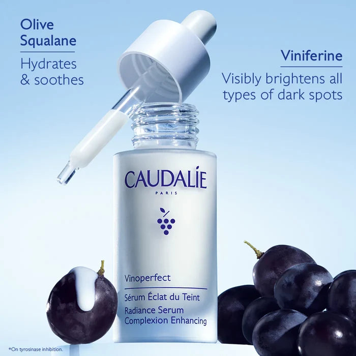 Caudalie Vinoperfect Radiance Serum 30ml in a clear glass bottle with dropper for brightening and skin radiance.