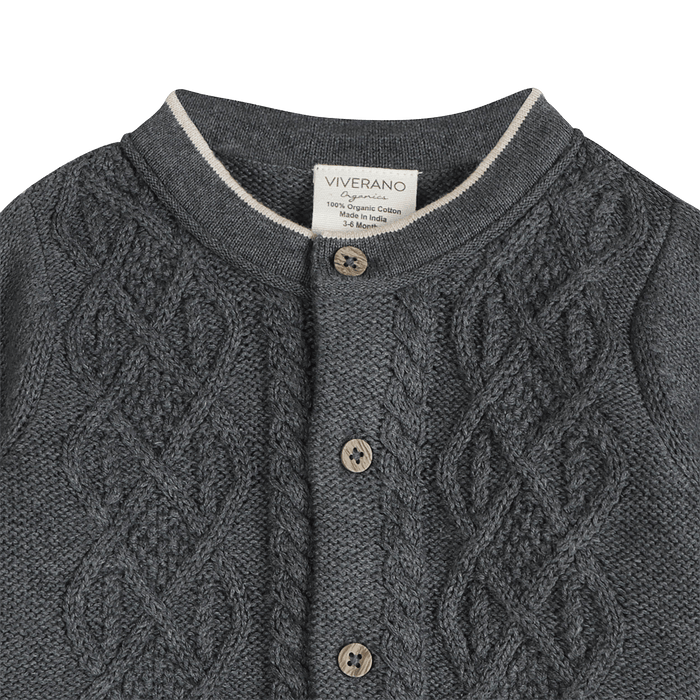 Organic Cotton Charles Classic Cable Knit Baby Cardigan, Detail