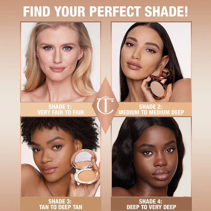 Charlotte Tilbury Airbrush Flawless Finish Setting Powder in 3 Tan, new in box, showing the compact with the powder inside.