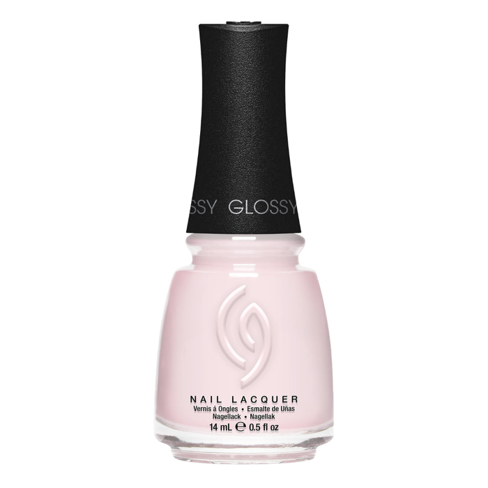 43110 China Glaze Glowing Petals 14ml Nail Polish | Glossy nail polish bottle with light pink nail varnish and a black cap on a white background