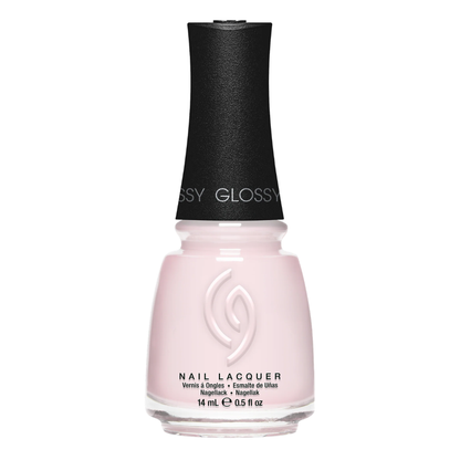 43110 China Glaze Glowing Petals 14ml Nail Polish | Glossy nail polish bottle with light pink nail varnish and a black cap on a white background