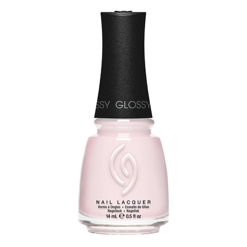 43110 China Glaze Glowing Petals 14ml Nail Polish | Glossy nail polish bottle with light pink nail varnish and a black cap on a white background