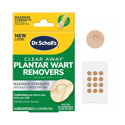 Plantar wart remover disc package with beige round medicated pad