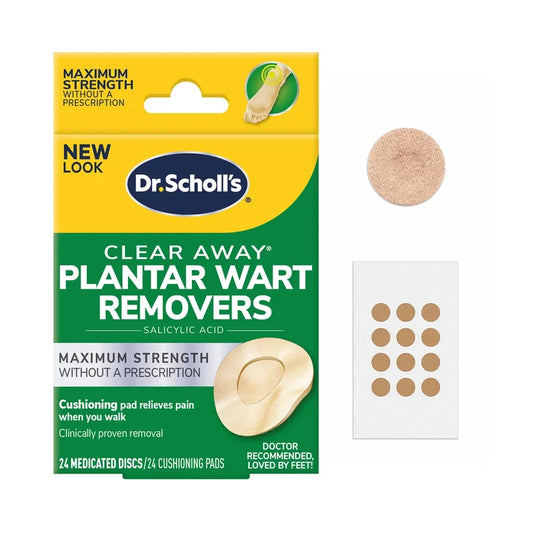 Plantar wart remover disc package with beige round medicated pad