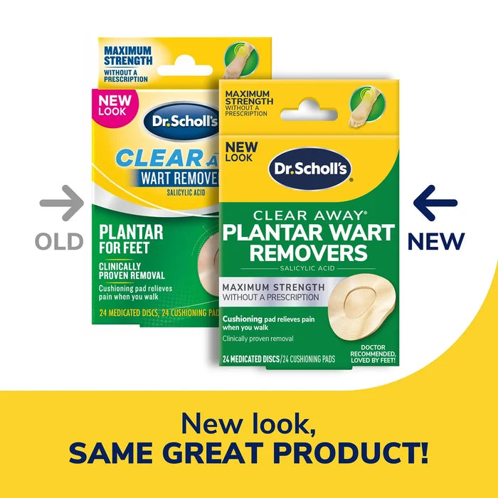 Dr. Scholl's plantar wart remover boxes showing old vs new look