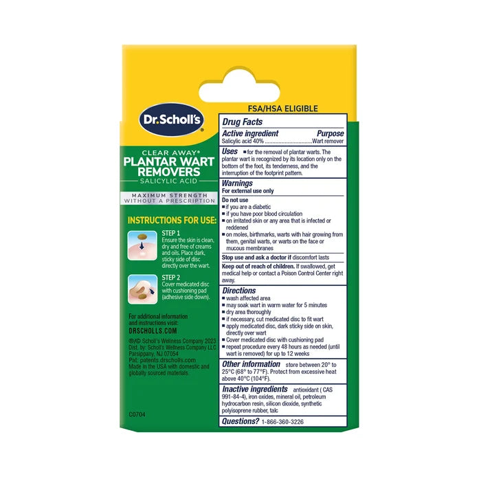 Back of Dr. Scholl's plantar wart remover package with product facts and instructions