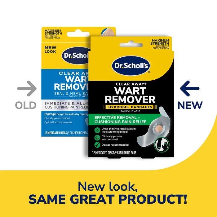 Clear Away wart remover hydrogel bandages package showing old vs new design