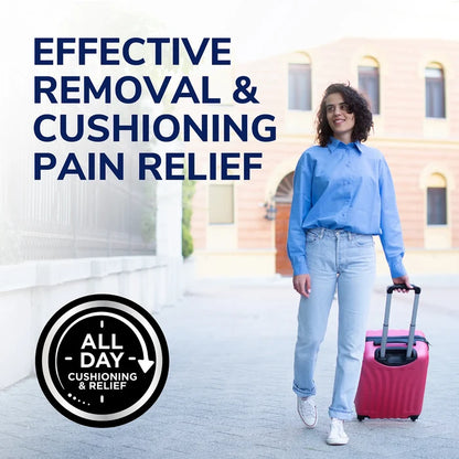 Wart remover hydrogel bandage ad with all-day cushioning relief icon