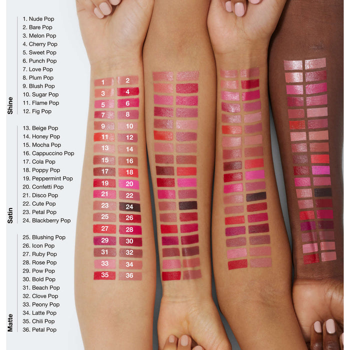 Clinique Pop Longwear Lipstick in various shades, new in box, featuring sleek white packaging and vibrant color options.