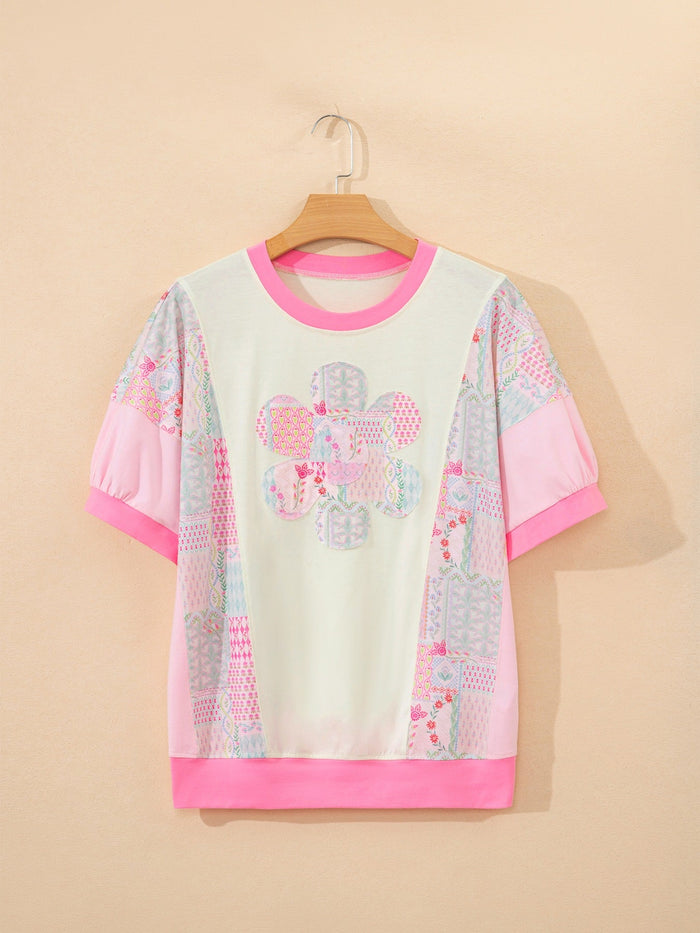 Color Block Floral Patchwork Big Flower Accent Relaxed Top