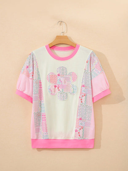 Color Block Floral Patchwork Big Flower Accent Relaxed Top