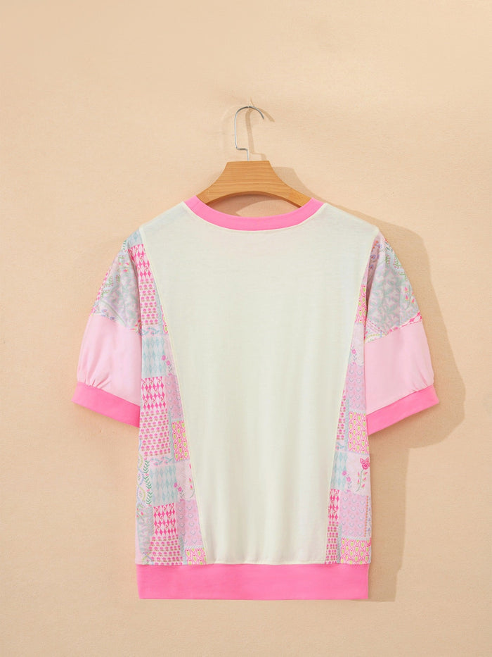 Color Block Floral Patchwork Big Flower Accent Relaxed Top