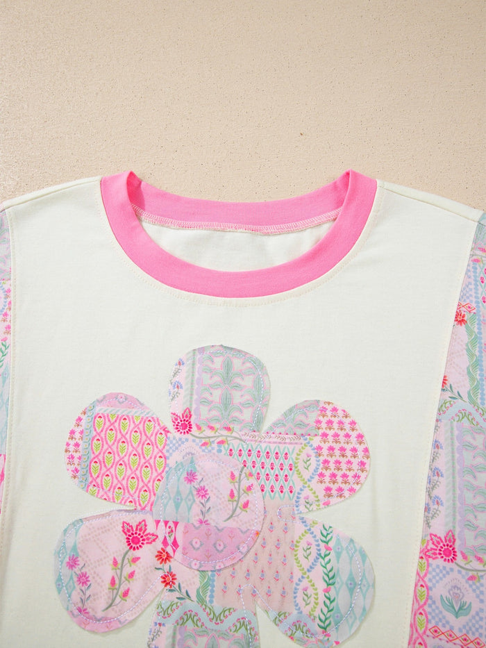 Color Block Floral Patchwork Big Flower Accent Relaxed Top