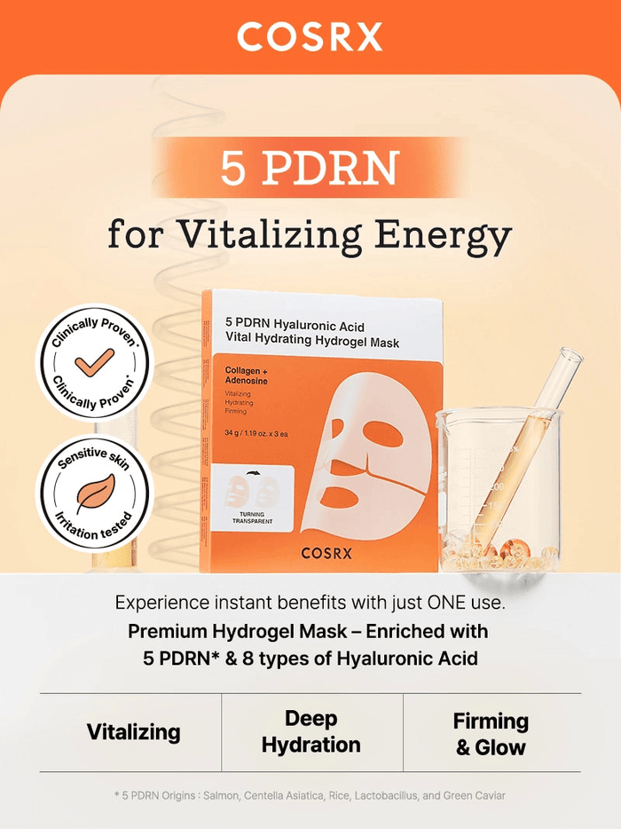 Cosrx 5 PDRN Hyaluronic Acid Vital Hydrating Hydrogel Mask (1 Sheet) قناع هيدروجيل مرطب حيوي بحمض الهيالورونيك من كوسركس 5 PDRN - Princess Cosmetics Qatar