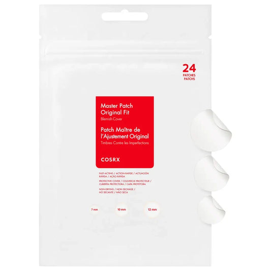 Cosrx Acne Pimple Master Patches for blemish treatment, shown on clear skin with visible transparent patches covering pimples.
