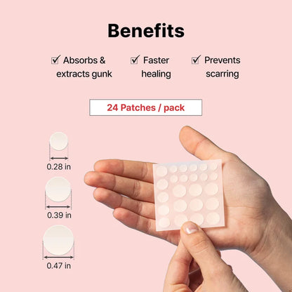 Cosrx Acne Pimple Master Patches in clear, round form applied to a pimple on skin for acne treatment and spot healing.