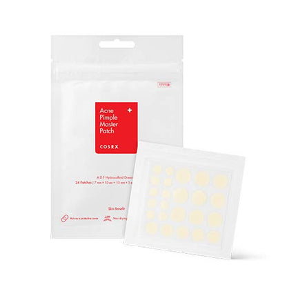 Cosrx Acne Pimple Master Patches for blemish treatment, showing small transparent patches on skin with acne spots.