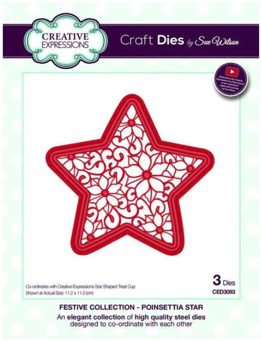 Creative Expressions - Dies - Festive Collection - Poinsettia Star. Craft Dies by Sue Wilson are an elegant collection of high quality steel designs designed to co-ordinate with each other. Size approx. 4.5" x 4.5". Available at Embellish Away located in Bowmanville Ontario Canada.