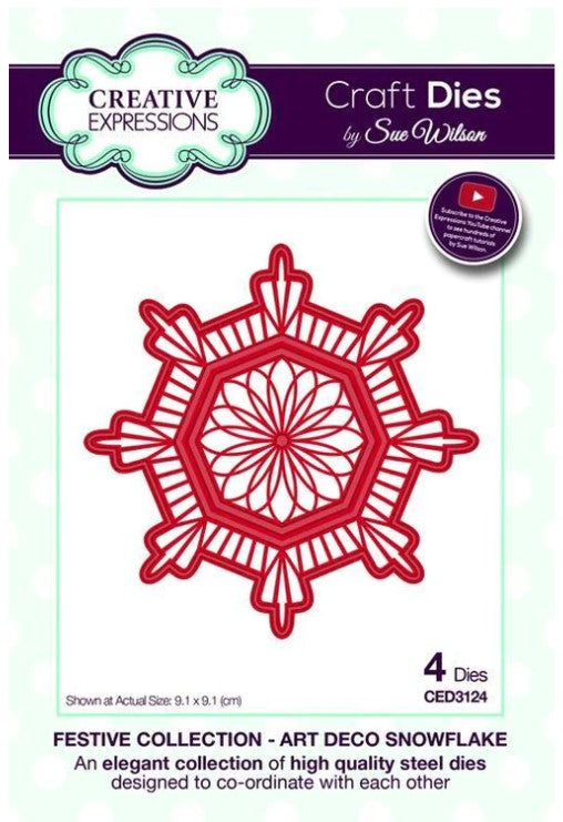 Creative Expressions - Festive Collection Art Deco Dies -  Snowflake. Craft Dies by Sue Wilson are an elegant collection of high quality steel designs designed to co-ordinate with each other. Size approx. 3.5" x 3.5". Available at Embellish Away located in Bowmanville Ontario Canada.