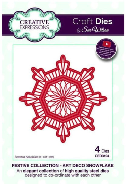 Creative Expressions - Festive Collection Art Deco Dies -  Snowflake. Craft Dies by Sue Wilson are an elegant collection of high quality steel designs designed to co-ordinate with each other. Size approx. 3.5" x 3.5". Available at Embellish Away located in Bowmanville Ontario Canada.