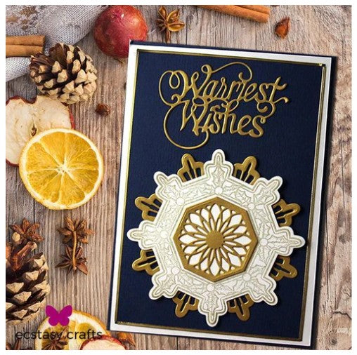 Creative Expressions - Festive Collection Art Deco Dies -  Snowflake. Craft Dies by Sue Wilson are an elegant collection of high quality steel designs designed to co-ordinate with each other. Size approx. 3.5" x 3.5". Available at Embellish Away located in Bowmanville Ontario Canada. Card by brand ambassador.