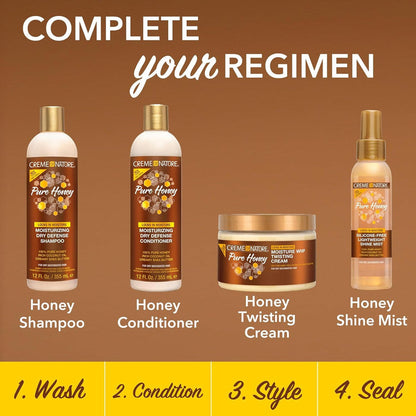 CREME OF NATURE Pure Honey collection showing honey shampoo honey conditioner pure honey twisting cream jar and shine mist