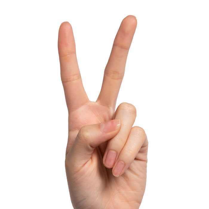 Hand showing peace sign with natural nails coated in Crystal clear glossy polish on a white background